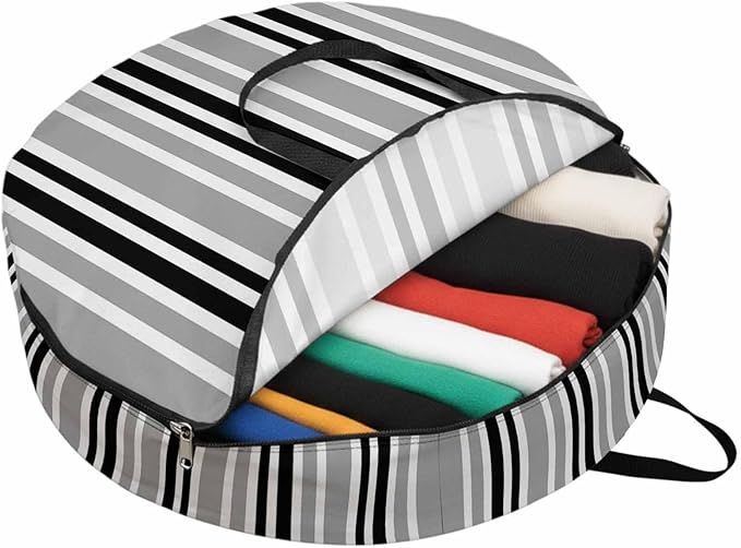 Storage Bag Black Stripes Round Storage Totes Bins Closet Organizers with Zippers & Handle Grey Striped Lines Clothes Storage Container for Bedroom Dorm Space Saving Packing Supplies Moving Bags