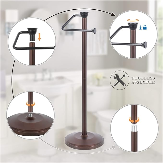 ZCCZ Toilet Paper Holder Stand, Freestanding Tissue Roll Dispenser with Reserve Storage, Bathroom Organizer for 5 Mega Rolls, Oil Rubbed Bronze Finish, Space-Saving Design for Modern Home Décor