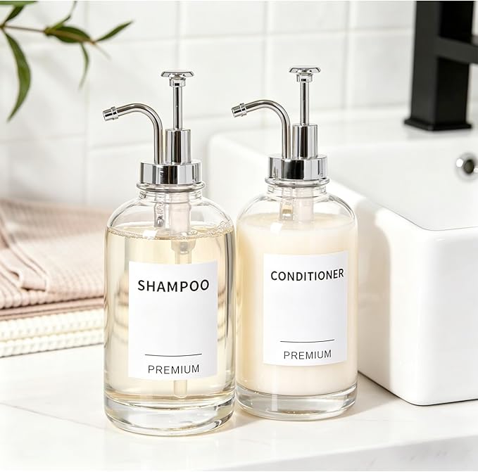 Dish Soap Dispenser for Kitchen, Hand Glass Soap Dispenser Set with Pump, Tray, Funnel for Bathroom, Shower, Laundry, Liquid, Lotion (Silver 2 Pack 18 Oz Clear Bottles with 12 Stickers)