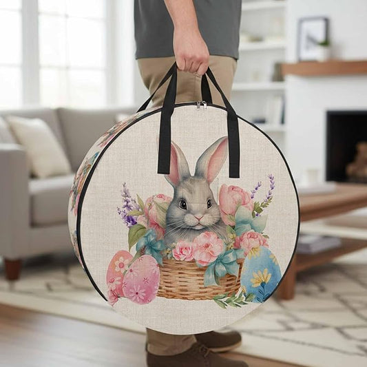 30 Inch Round Storage Bag 1 Pack,Easter Egg Cute Bunny on Basket Waterproof Wreath Storage Container with Handles&Zipper Colorful Flower on Burlap Closet Organizer Bags Garland Box