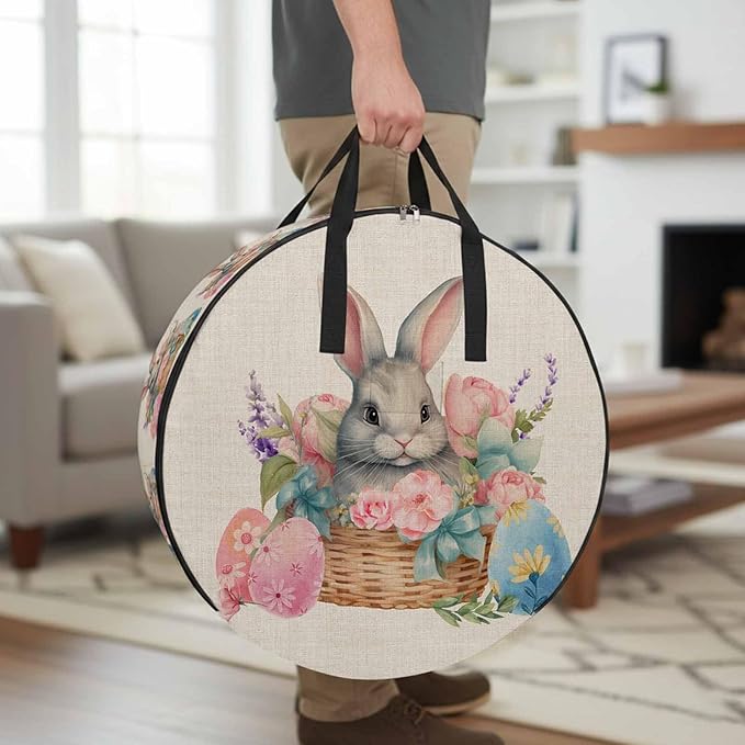 24 Inch Round Storage Bag 2 Pack,Easter Egg Cute Bunny on Basket Waterproof Wreath Storage Container with Handles&Zipper Colorful Flower on Burlap Closet Organizer Bags Garland Box