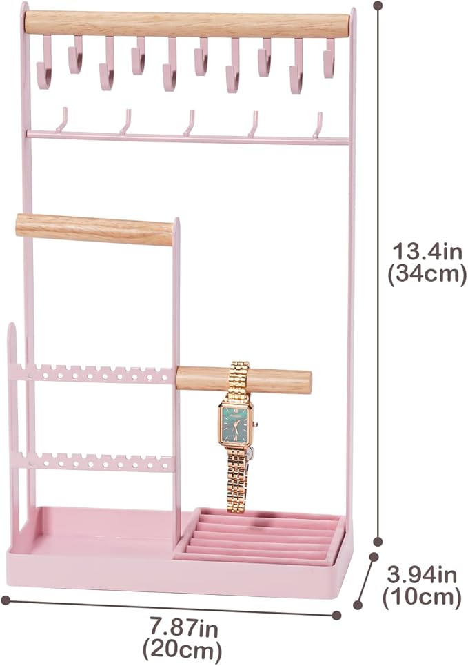 ProCase Jewelry Stand Holder Organizer, 5-Tier Necklace Holder with Ring Tray, 15 Hooks Necklaces Hanging Small Jewelry Display Storage Tower Tree for Bracelets Earrings Watches -Large, Pink