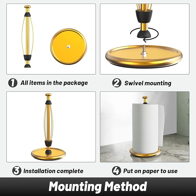 VEHHE Gold Paper Towel Holder Countertop with Weighted Base, One-Handed Tear Kitchen Towel Holder with Damping Function and EVA Non-Slip Pad for Bathroom