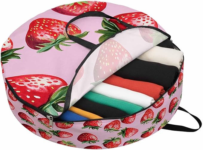 Strawberry Round Storage Bag 24 Inch, Red Plant Fruit Watercolor Pink Background Clothes Storage Container with Handles Heavy Duty Organizer for Comforter, Bedding & Holiday Wreaths