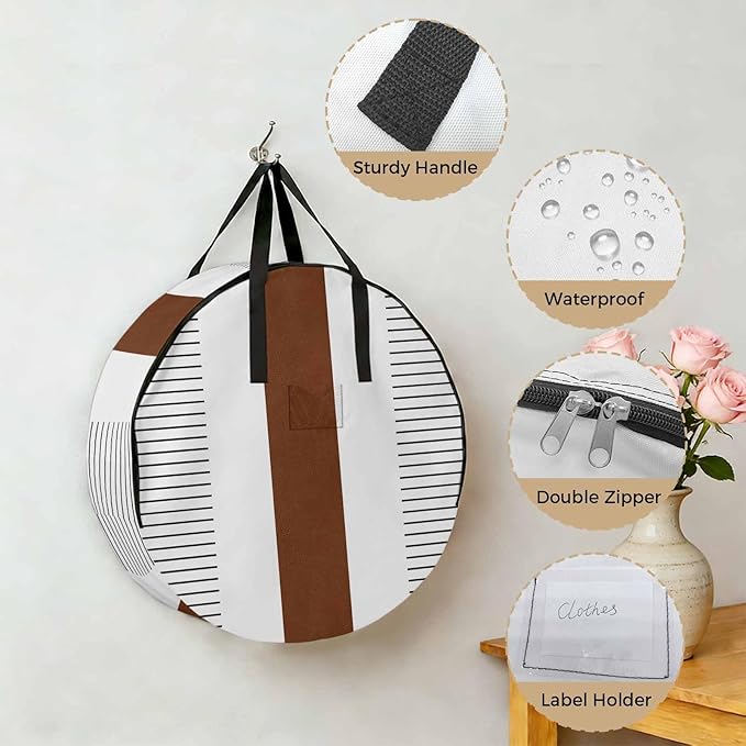 Storage Bag Boho Style Round Storage Totes Bins Closet Organizers with Zippers & Handle Brown Stripe Lines Bohemian Clothes Storage Container for Bedroom Dorm Space Saving Packing Supplies Moving Bags