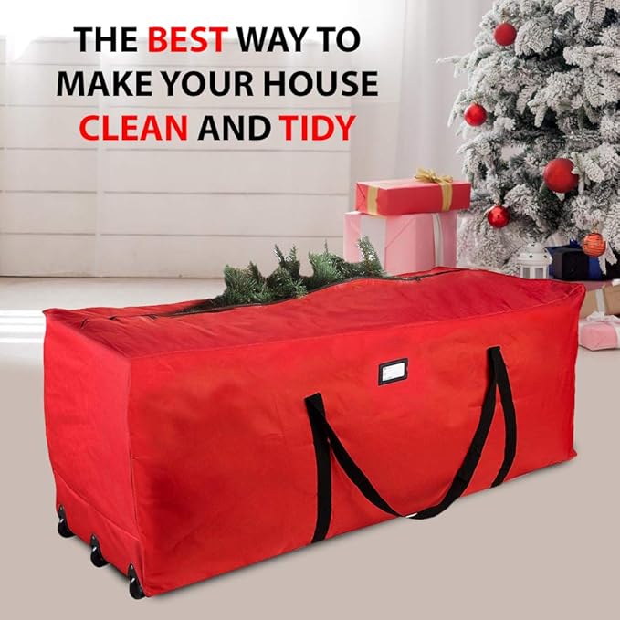 Primode Rolling Tree Storage Bag, Fits Up to 9 foot Disassembled Holiday Tree, 28" Height X 16" Wide X 60" Long Extra Large Heavy Duty Storage Container with Wheels (Red)