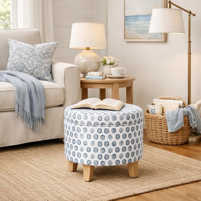 HomePop Upholstered Round Storage Ottoman|Homepop Home Décor|Upholstered Round Foot Rest Ottoman - Small Green Medallion Ikat Print
