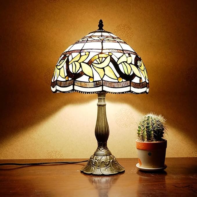 MIAOKE Stained Glass Table Lamp,Stained Glass Crystal Bead Style Table Light, Handmade Desk Bedside Night Light, Antique Art Craft Gifts Lover Living Room Bedroom Bookcase (Lace Baroque)