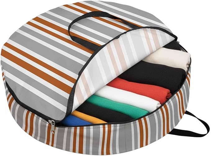 Storage Bag Orange Stripes Round Storage Totes Bins Closet Organizers with Zippers & Handle Grey Striped Lines Clothes Storage Container for Bedroom Dorm Space Saving Packing Supplies Moving Bags