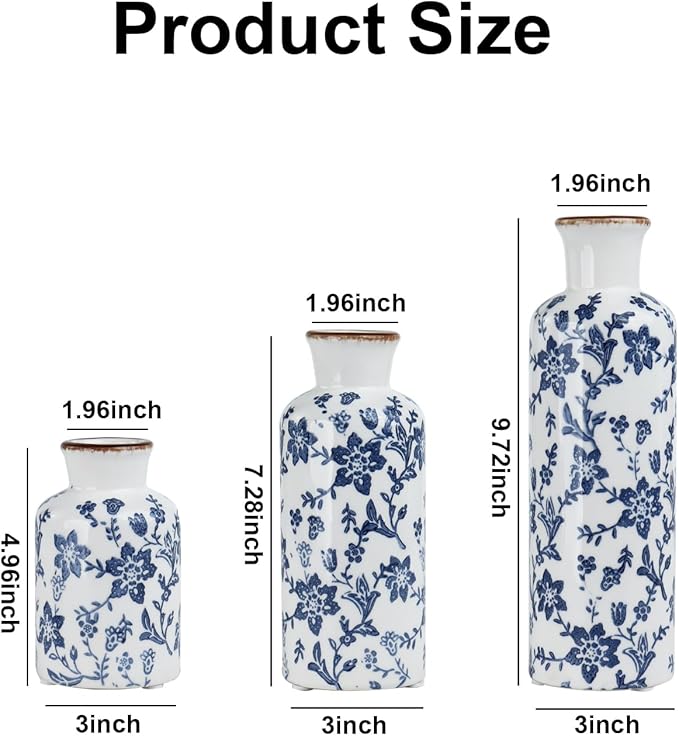 Ceramic Vase Set of 3, Vintage Ceramic Flower Vases, Crackle-Glaze & Distressed Rim, Blue Botanical Pattern, for Home Decor, Living Room Mantel & Dining Table Centerpiece