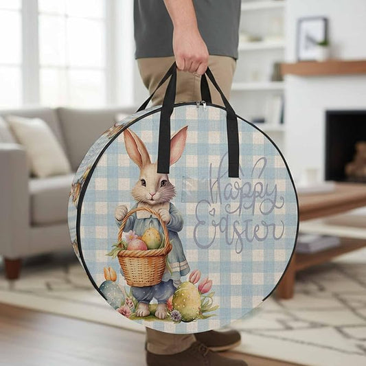 30 Inch Round Storage Bag 1 Pack,Happy Easter Rabbit Egg Basket Waterproof Wreath Storage Container with Handles&Zipper Flower on Blue Checker Closet Organizer Bags Garland Box