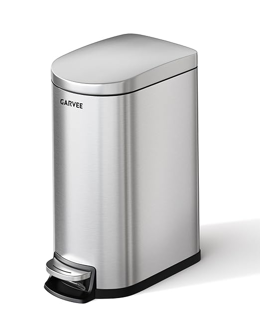 Garvee 2.6 Gallon / 10L Slim Stainless Steel Bathroom Trash Can with Lid, Step-On Pedal, Soft Close, Inner Bucket, Waterproof Small Garbage Bin for Bedroom, Silver