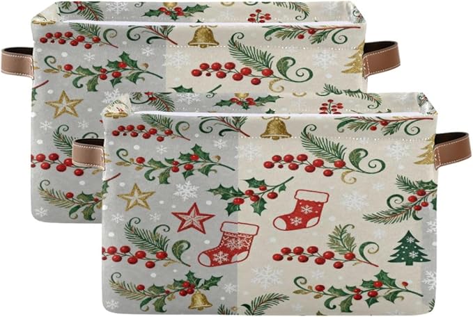 Christmas Storage Baskets, Canvas Collapsible Bins with Holiday Pattern, 14.2x10.2x8.3 Inches, Decorative Organizers with Handles for Home Organization