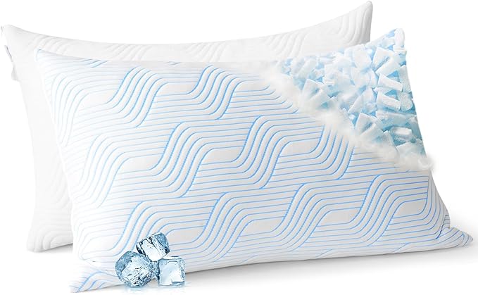 Cooling Bed Pillows for Sleeping 2 Pack Shredded Memory Foam Pillows Queen Size Set of 2 Adjustable Supportive Pillow for Back Stomach Side Sleepers Washable Removable Cover
