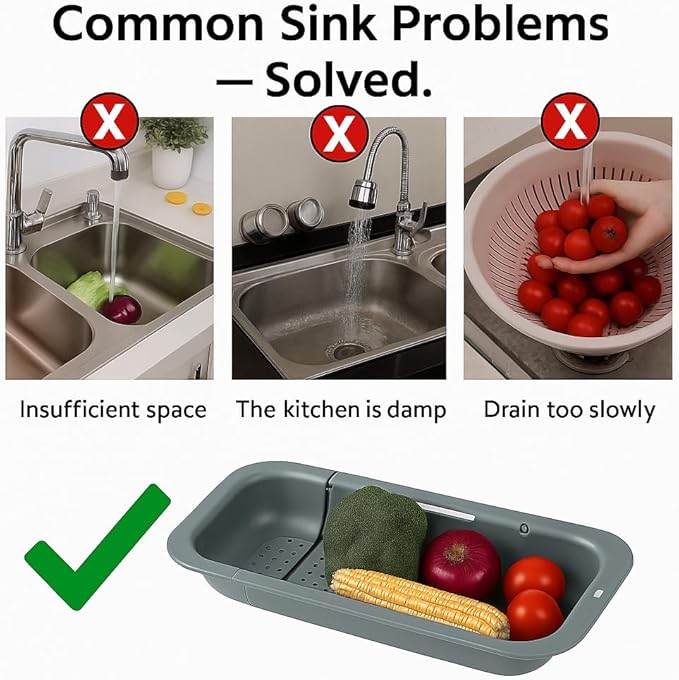 Expandable Sink Strainer for Kitchen Sink, Over Sink Colander Basket, Adjustable Drain Basket for Fruits & Vegetables, Space Saving, (Gray)