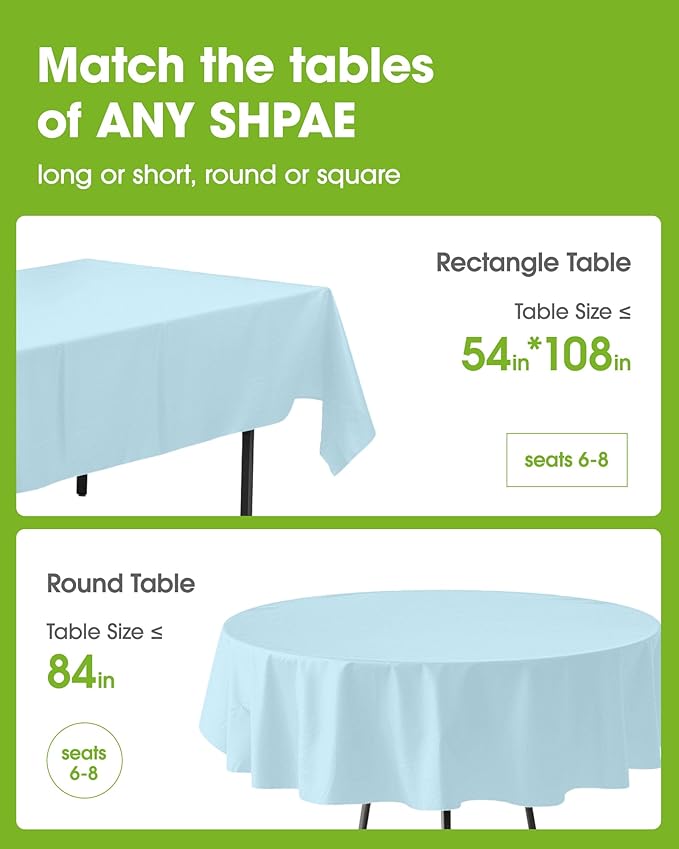 Pureegg Plastic Table Cloth Disposable 10 Pack, 84'' Round Table Cloths, Easter Party, Picnic, Wedding, Decorative Tablecloths, Round, Baby Blue Plastic Cover, Leakproof & Sturdy, Light Blue