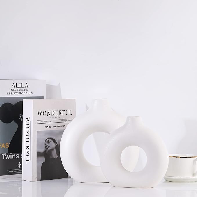 White Ceramics Vase for Home Decor,Minimalist Nordic Hollow Donut Vase Set of 2,Modern Boho Decor for Kitchen Table Centerpiece,Living Room,Fire Place,Bookshelf,Office,Entryway,Console