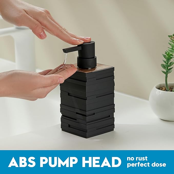 YAUKPH Matte Black Teak Wood Hand Soap Dispenser 10 oz Square for Bathroom and Kitchen Countertops