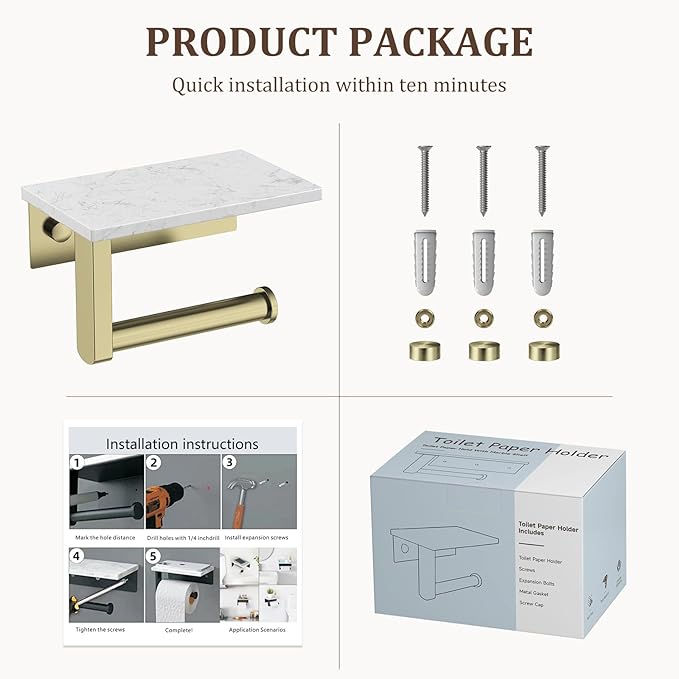 BWE Brushed Gold Toilet Paper Holder with Marble Shelf, Toilet Paper Roll Holder Wall Mounted, Toilet Paper Roll Holder with Phone Shelf 304 Stainless Steel Tissue Holder for Bathroom Washroom