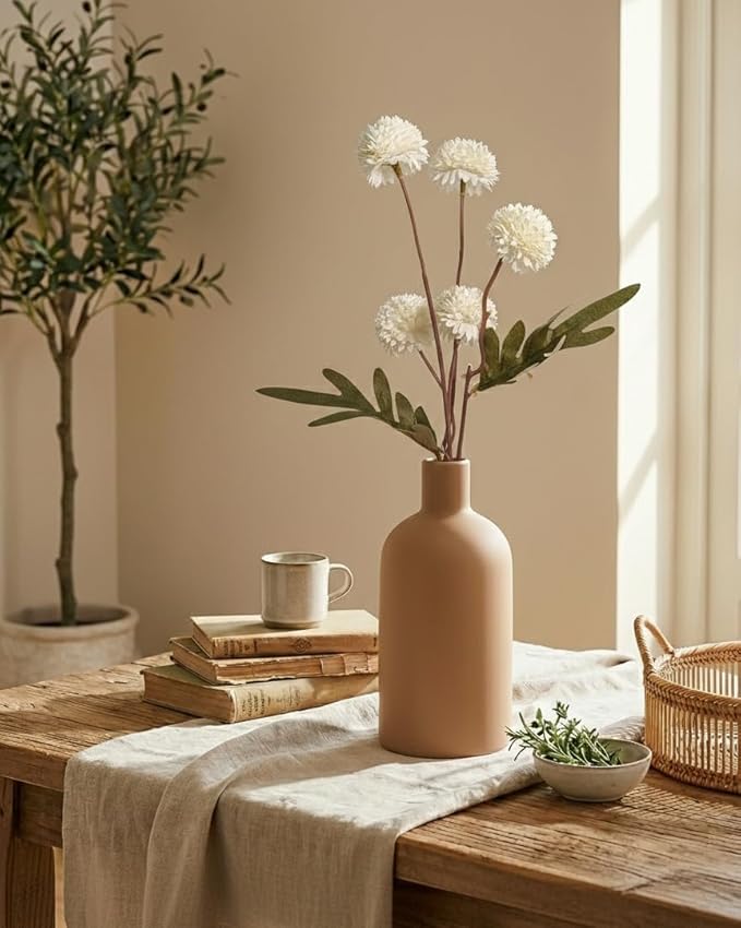 Neutral Boho Ceramic Decorative Vase Set, Modern Matte Minimalist Vases for Shelf, Coffee Table, Living Room & Fireplace Mantel Decor