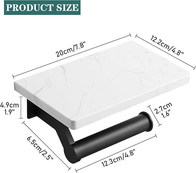 Hoimpro Matte Black Aluminum Toilet Paper Holder with White Natural Marble Shelf, Wall Mounted Tissue Hand Paper Roll Storage Holder for Bathroom Kitchen Washroom Bedroom