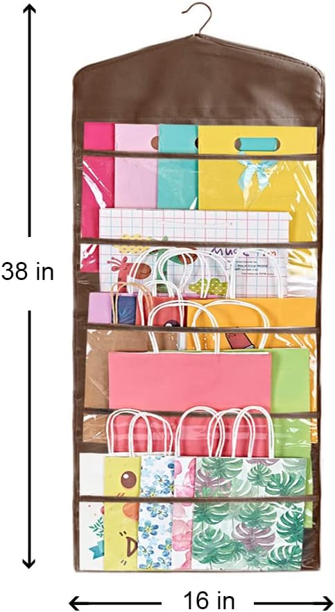 ProPik Hanging Double Sided Gift Bag Storage Organizer with Multiple Front and Back Pockets - Organize Your Gift Wrap, Tissue Paper, and Paper Bags 38 x 16 Inch PVC (Brown)
