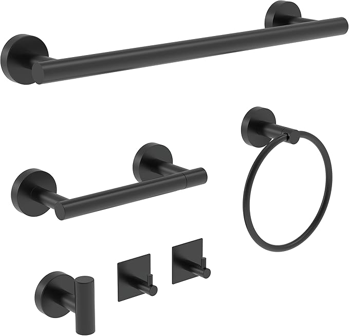 RARXTR 6 PCS Bathroom Hardware Set, Including 16" Hand Towel Bar, Toilet Paper Holder, Towel Ring, Robe Towel Hooks, Bathroom Accessories Kit(Matte Black)