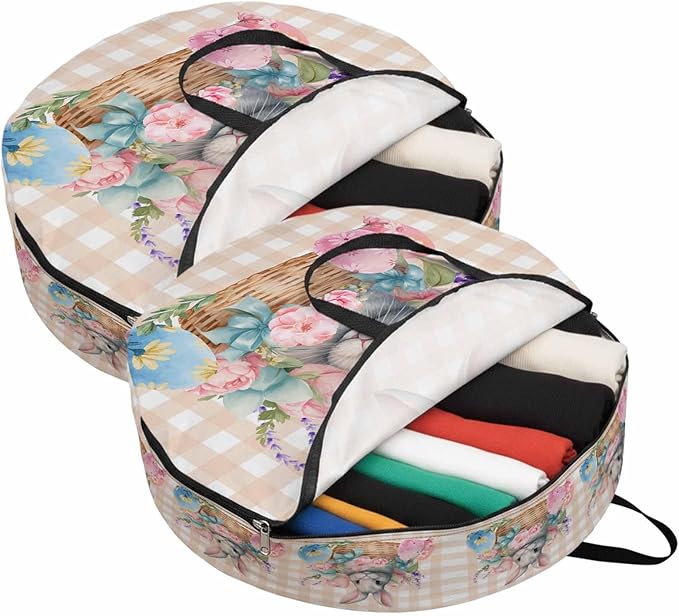 24 Inch Round Storage Bag 2 Pack,Easter Day Colorful Eggs Rabbit Flowers Waterproof Wreath Storage Container with Handles&Zipper Spring Plant Plaid Closet Organizer Bags Garland Box