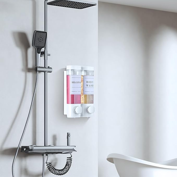 Shampoo and Conditioner Dispenser Bathroom Shower Soap Dispenser Wall Mounted Shampoo Dispenser for Shower Wall No Drill 2 * 300ml White 2 Chamber with Waterproof Labels