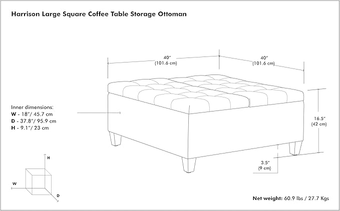 SIMPLIHOME Harrison Large Coffee Table Storage Ottoman - 40 inch Wide Upholstered Linen Look Fabric Square Lift-Top Ottoman in Cloud Grey, Transitional Bench for Living Room with Sturdy Base
