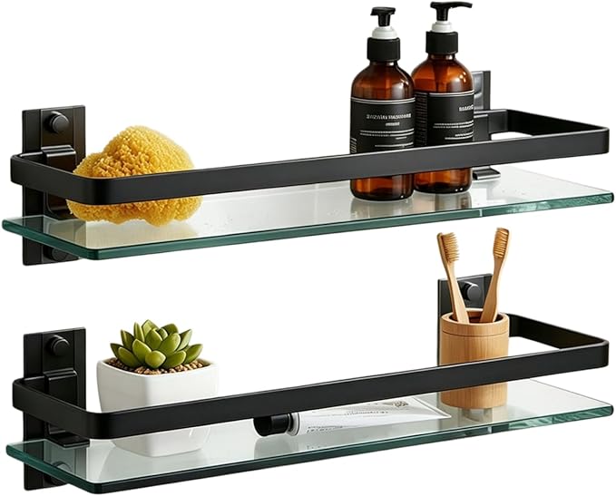 AIJALY 2 Pack Bathroom Glass Shelf,15.7 Inches Black Bathroom Shower Glass Shelf Wall-Mounted, Metal Storage Floating Kitchen Shelf