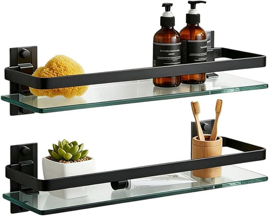 AIJALY 2 Pack Bathroom Glass Shelf,15.7 Inches Black Bathroom Shower Glass Shelf Wall-Mounted, Metal Storage Floating Kitchen Shelf