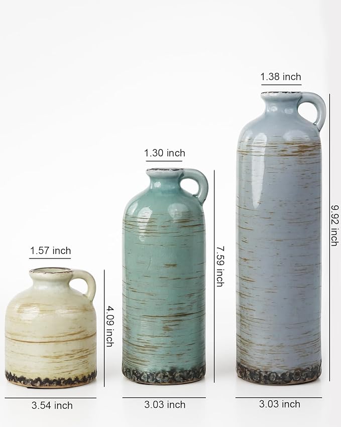Morandi Ceramic Vase Set with Handle – 3pcs Rustic Pottery Jug Vases for Home Decor, Living Room, Table Centerpiece & Shelf Display – Glazed Vintage Ceramic Vases for Flowers