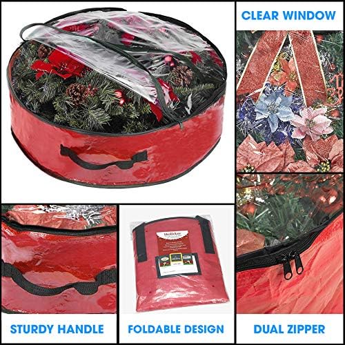 Propik Christmas Wreath Storage Bag 30" - Garland Holiday Container with Clear Window - Tear Resistant Fabric - 30" X 30" X 8" (Red)