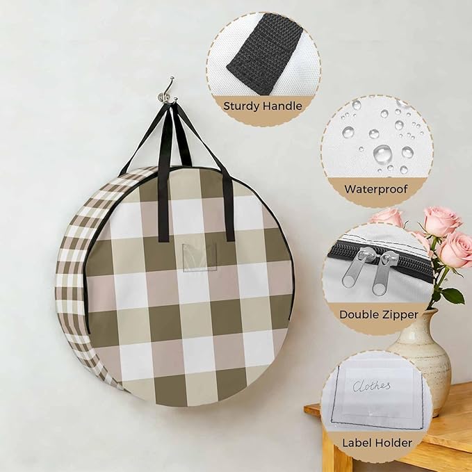 Brown Yellow Plaid Round Storage Bag 30 Inch, Simple Pattern Clothes Storage Container with Handles Heavy Duty Organizer for Comforter, Bedding & Holiday Wreaths