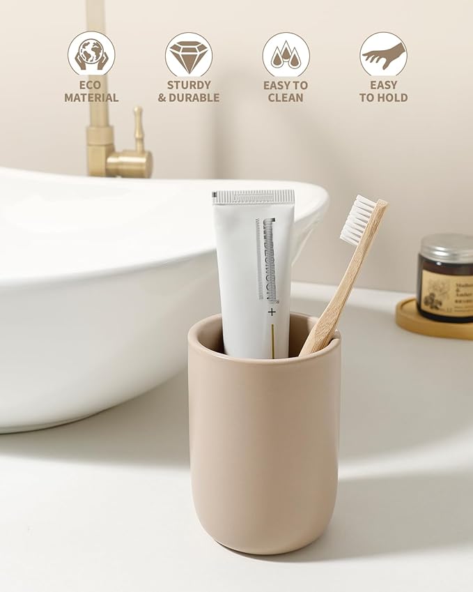 BosilunLife Ceramic Toothbrush Holder (Khaki, Cylinder)
