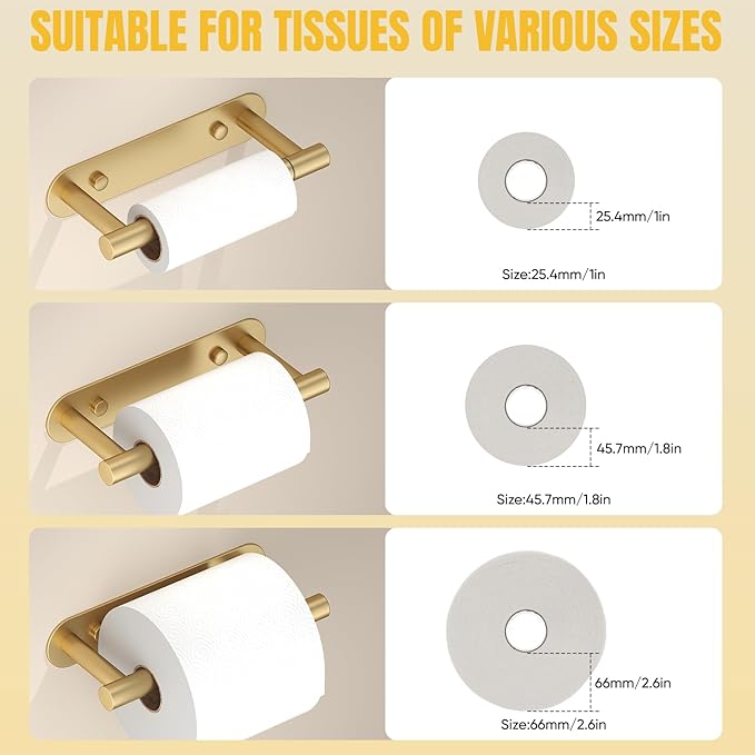 BESy Adhesive or Screw Toilet Paper Holder Wall Mount Rustproof Modern Roll Holder Flexible Pivoting Adjustable Tissue Handle with Self Adhesive or Mounted with Screws Stainless Steel Brushed Gold