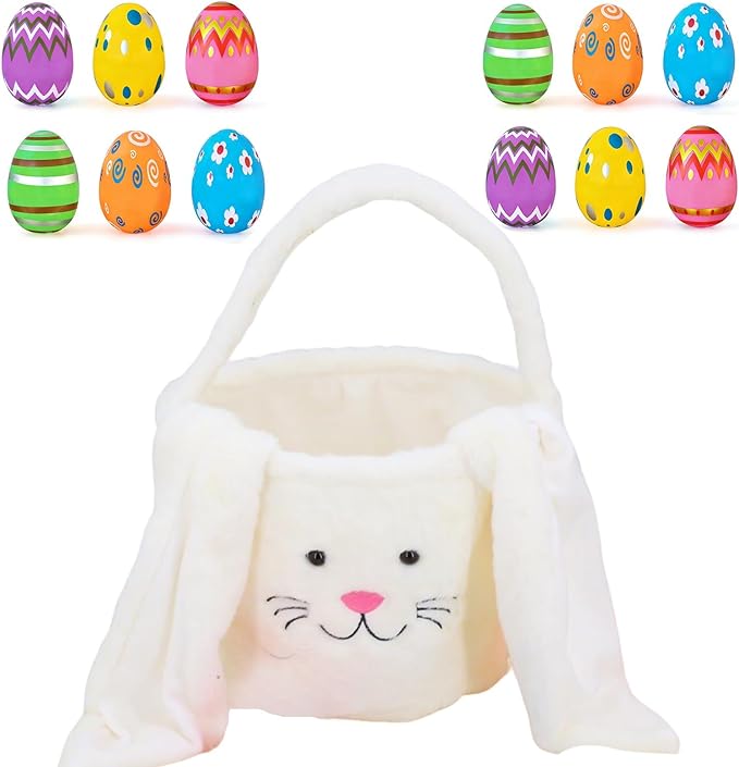 Plush Bunny Easter Egg Handbag Set, 2026 New Easter Storage Basket, 12 Openable Easter Eggs(White)