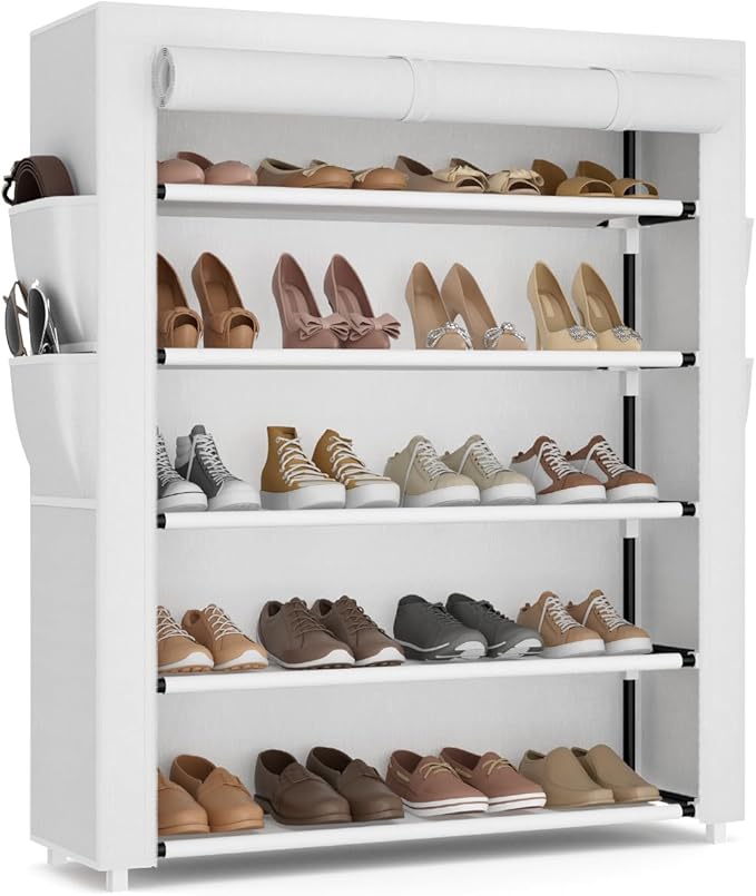 VILICK Shoe Rack with Cover, 5 Tier Shoe Organizer Storage for 20-24 Pair Shoes and Boots Large Shoe Storage Shelf Space Saving Vertical Shoe Rack for Closet, Front Door Entrance, Dorm, Garage, White