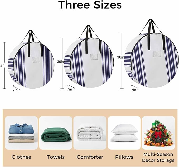 Storage Bag Blue Stripes Round Storage Totes Bins Closet Organizers with Zippers & Handle Simple Style Clothes Storage Container for Bedroom Dorm Space Saving Packing Supplies Moving Bags