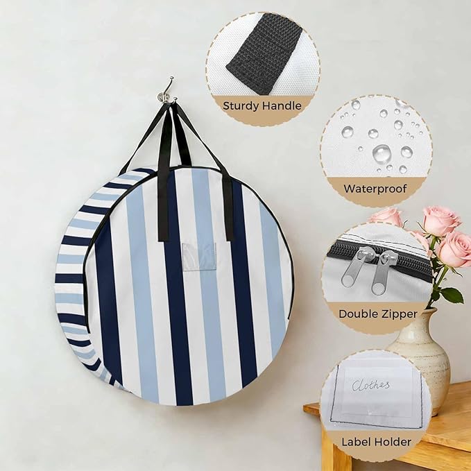 Storage Bag Navy Blue Stripes Round Storage Totes Bins Closet Organizers with Zippers & Handle Contrast Striped Clothes Storage Container for Bedroom Dorm Space Saving Packing Supplies Moving Bags