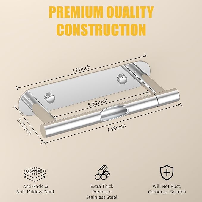 BESy Adhesive or Screw Toilet Paper Holder Wall Mount Rustproof Modern Roll Holder Flexible Pivoting Adjustable Tissue Handle with Self Adhesive or Mounted with Screws Stainless Steel Polished Chrome