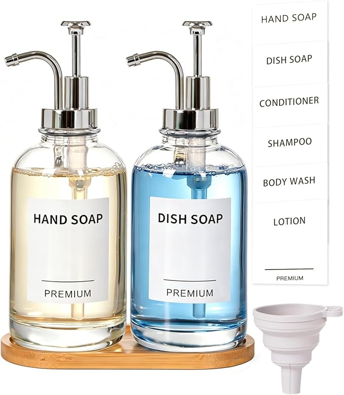 Dish Soap Dispenser for Kitchen, Hand Glass Soap Dispenser Set with Pump, Tray, Funnel for Bathroom, Shower, Laundry, Liquid, Lotion (Silver 2 Pack 18 Oz Clear Bottles with 12 Stickers)