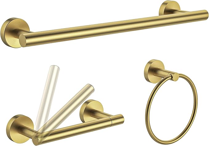 RARXTR 3pc Bathroom Hardware Set with Brushed Brass Toilet Paper Holder & Towel Ring & Towel Bar SUS304 Stainless Steel Toilet Paper Roll Holder Wall Mount & Bathroom Towel Holder & Towel Rack Set