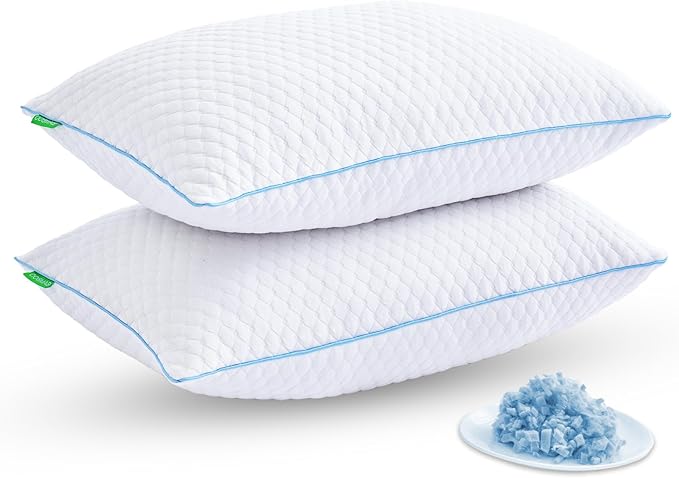 Shredded Memory Foam Pillows for Sleeping 2 Pack - Cooling Bed Pillows Queen Size Set of 2 - Firm Pillow for Side and Back Sleepers Adjustable Gel Pillow with Removable Cover