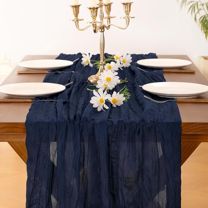 Socomi 2pcs Navy Blue Easter Spring Cheesecloth Table Runner Boho Rustic Gauze 120 inch 10FT Cheese Cloth Runner for Wedding Party Baby Shower Birthday Home Decor Holiday Decorations