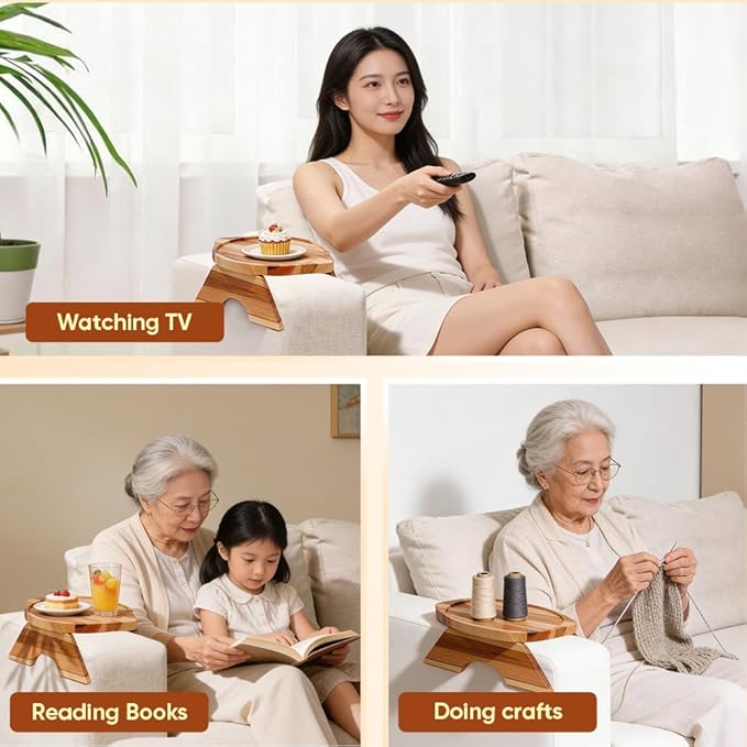 11.81" x 9.84" Teak Wood Couch Arm Tray, Folding Sofa Armrest Table, Clip-On Couch Arm Table for TV Dinner, Drinks & Snacks, Compact Tray Table, Small Side Table