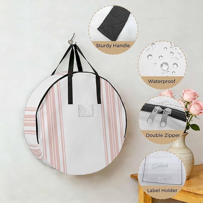 Storage Bag Pink Stripes Round Storage Totes Bins Closet Organizers with Zippers & Handle Simple Style Clothes Storage Container for Bedroom Dorm Space Saving Packing Supplies Moving Bags
