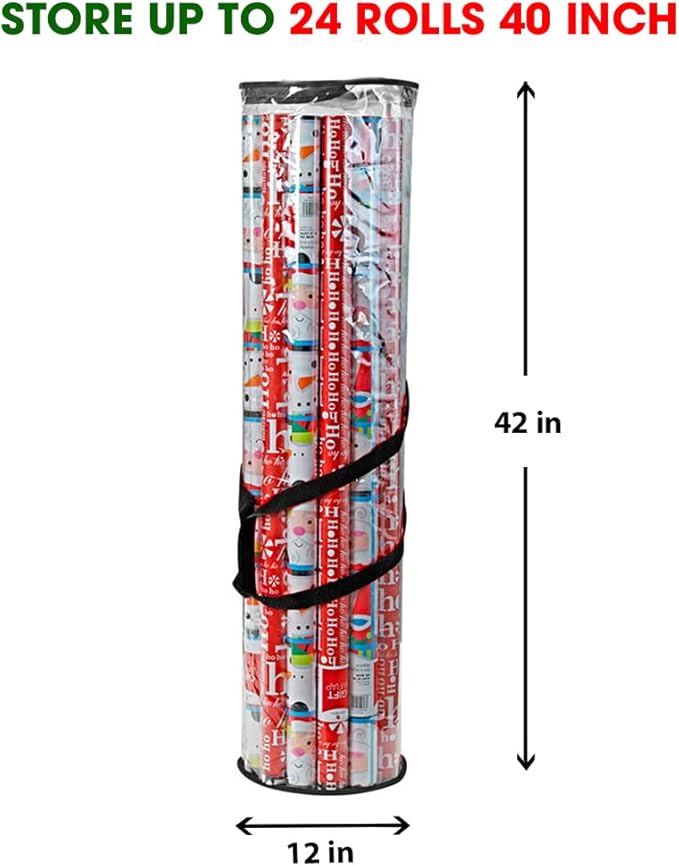 ProPik Christmas Gift Wrapping Paper Storage Organizer Bag, Store Up to 24 Rolls 40 Inch, Heavy Duty PVC Clear Bag with Handles and Zippered Top Wrap and Ribbons (Black)