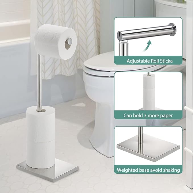 Toilet Paper Holder Stand, Free Standing Toilet Paper Holder with 4 Rolls for Bathroom, Weighted Base Toilet Paper Stand, Chrome